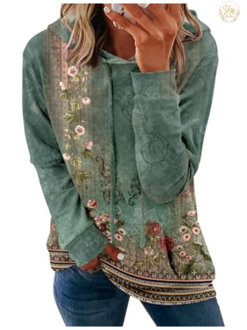 Womens Hoodie Pullover Drawstring Floral Print Long Sleeve Pocket Sweatshirt